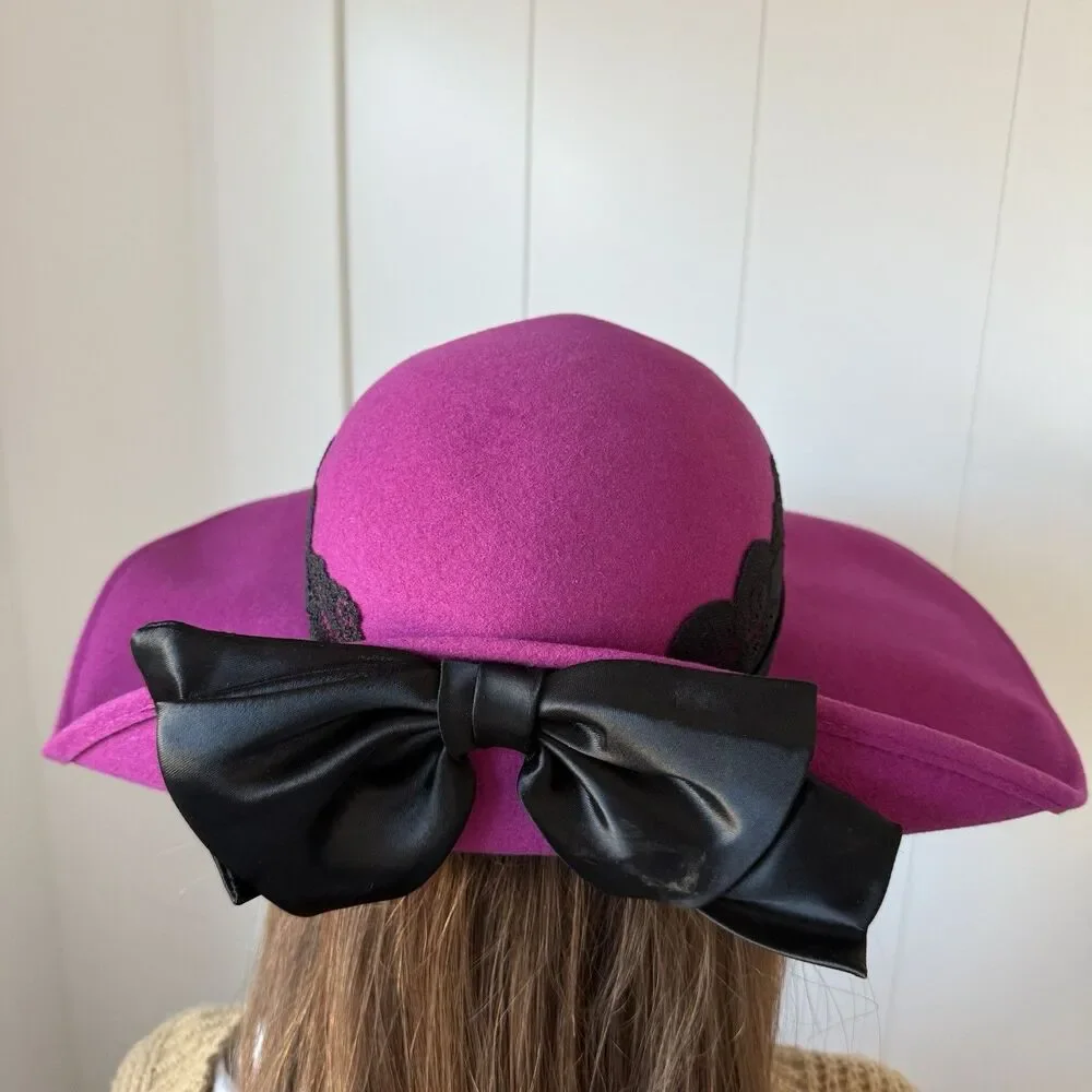 VTG 80s Deadstock Michael Howard Fuchsia Wool Fedora Hat Lace Satin Bow USA NOS